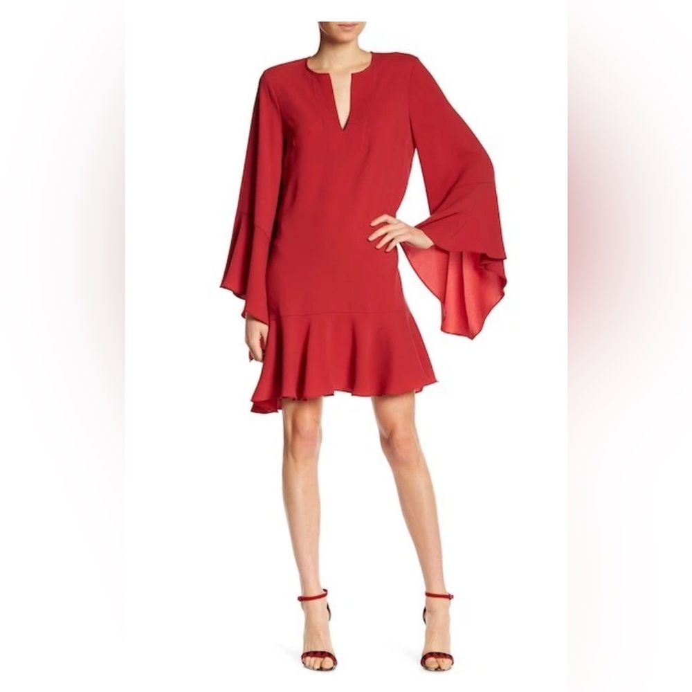 BCBGMAXAZRIA ROSEWOOD TEGAN RUFFLE DRESS LARGE